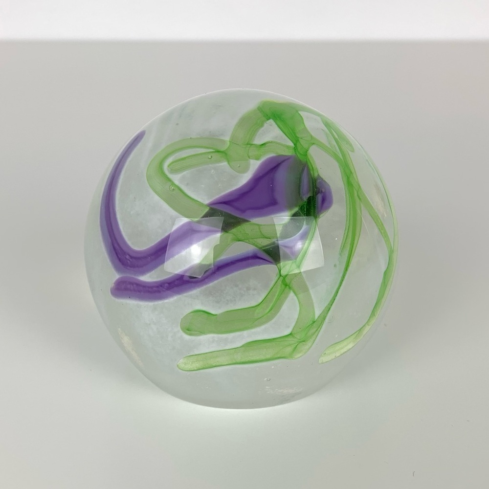 Glass Paperweight Ribbons Swirls Green Purple Vtg Flat Polished Bottom Elegant